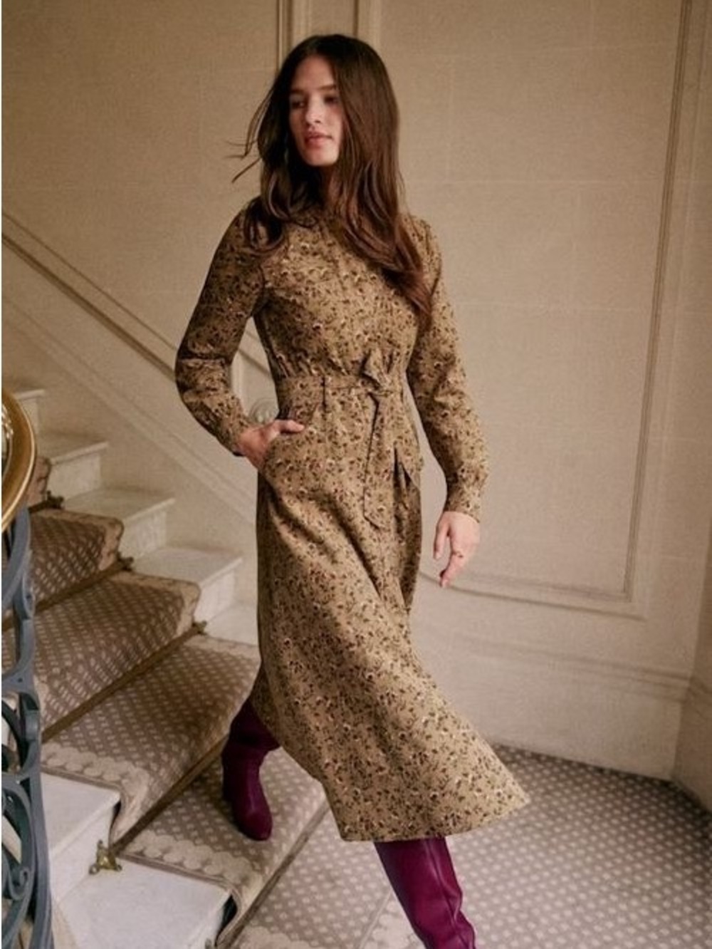 Sézane Floral Cotton Corduroy Belted Midi Dress Long Sleeve Size 34 / US 2
